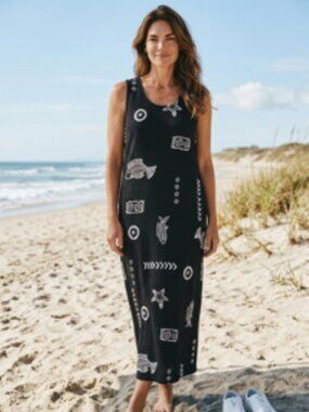 Kowah Black Sleeveless Maxi Dress with White Abstract Patterns - Size XL